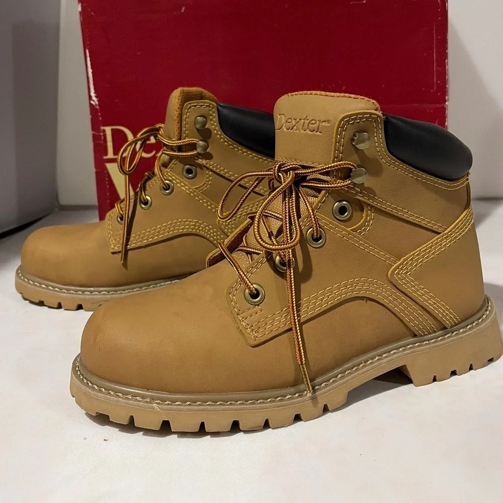 Dexter Mens Work Boots Tan Steel Safety Toe Oil Resistant Skid Resistant Size 6